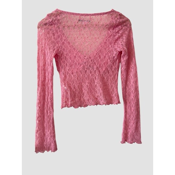 Urban Outfitters Kimchi Blue Daphne Lace Cropped Top Pink Sheer Women’s Small - Picture 7 of 8